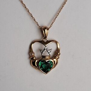 14kt Gold Irish Claddagh Necklace with Emerald & Diamonds PRICE FIRM
